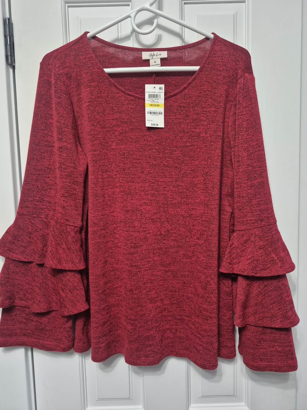 Style & Co. Red Layered Ruffle Sleeve Long Sleeve Top